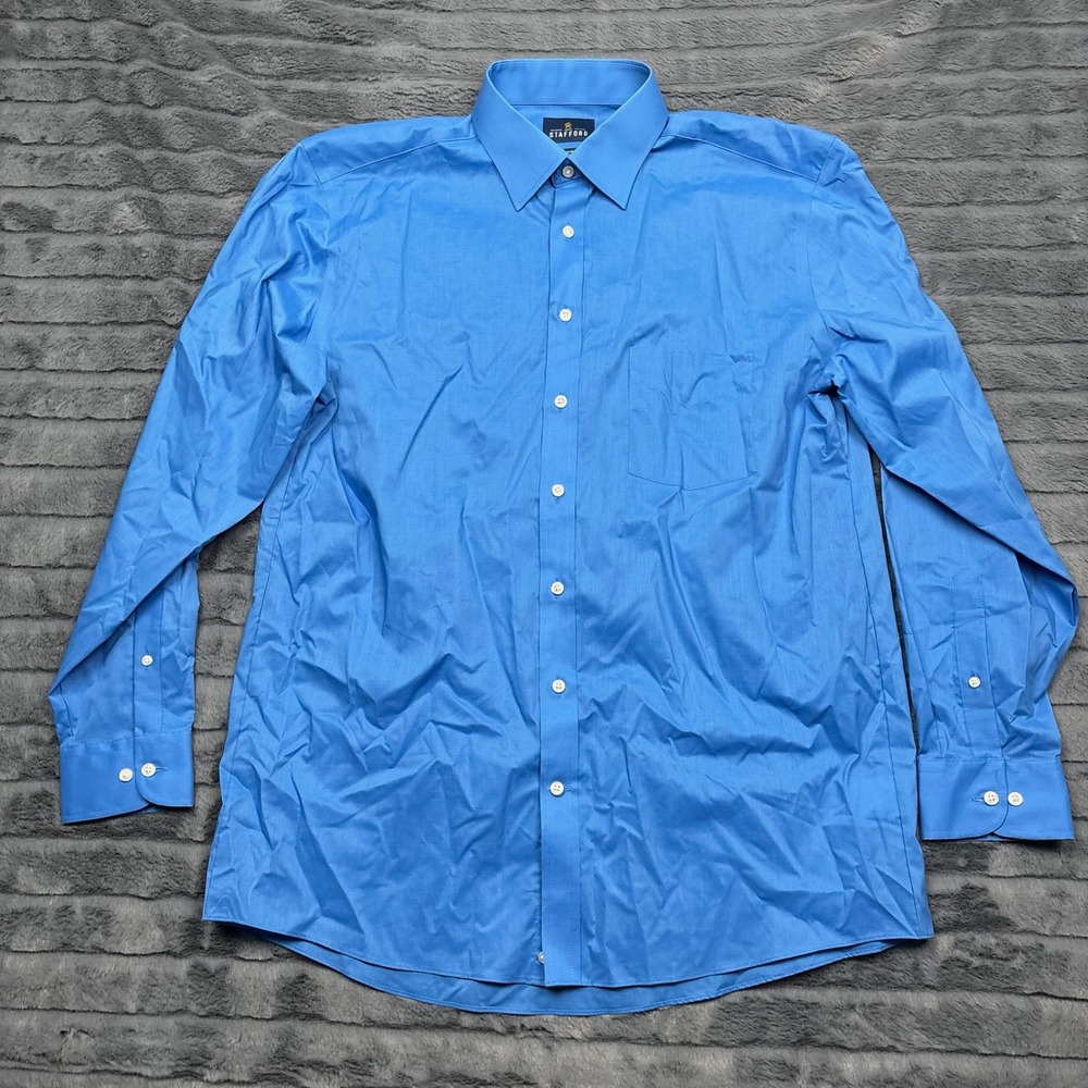 Stafford Travel Mens Blue Easy Care Broadcloth Dress Shirt L 16-16.5 34-35 Reg